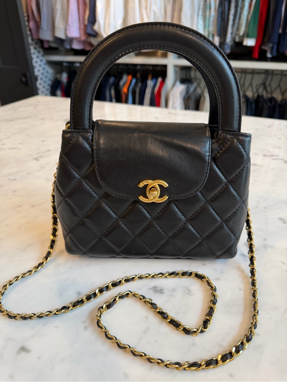 NotChanel Black Quilted Top-Handle Mini Bag with Gold Chain
